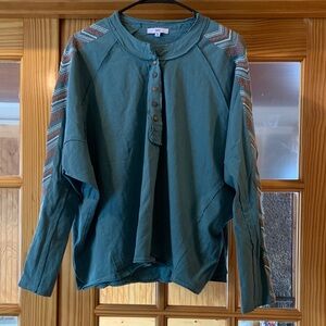 Women's Fate Geo Embroidered Long Sleeve Raw Hem Henley Teal 100% Cotton Top M